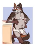 anthro black_nose blue_background blush briefs briefs_only brown_body brown_eyes brown_fur claws clothed clothing dadbod detailed_background elbow_on_desk facial_hair fur grey_body grey_fur grey_seam_briefs half-closed_eyes hi_res male mushketeery mustache narrowed_eyes sabertooth signature simple_background slightly_chubby smile solo tighty_whities topless tusks underwear underwear_only white_background white_briefs white_clothing white_underwear