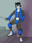 3:4 anthro clothed clothing footwear fuze hand_on_hip hi_res jde_ringtail male mammal navel procyonid raccoon shoes skimpy solo stairs step_pose