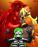 aesir_(artist) belly big_belly big_breasts bodypaint breasts brown_body brown_skin catfight clothed clothing colored_nails dark_body dark_skin elf female female/female female_pred female_prey food fruit goo_creature goo_humanoid green_eyes green_hair green_nails group hair hand_grab hi_res huge_breasts human humanoid humanoid_pointy_ears humanoid_pred jack-o'-lantern lips mammal nails not_furry nude oral_vore plant pointy_ears pumpkin red_eyes red_slime size_difference soft_vore translucent translucent_body vore yellow_lips