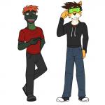 1:1 anthro bottomwear clothed clothing controller duo eyewear felid footwear fully_clothed fuze goggles hi_res hoodie hypnotic_visor male mammal pantherine pants reptile scalie shoes simple_background snake tiger topwear trey_(fuze) white_background