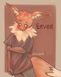 anthro blush bodily_fluids clothed clothing eevee generation_1_pokemon hi_res male neck_tuft nintendo noruru3737 pokemon pokemon_(species) simple_background solo sweat tuft