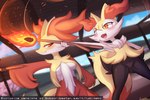 2024 3:2 age_difference anthro biped black_body blush bodily_fluids braixen breasts brown_body cheek_tuft closed_smile delphox duo facial_tuft female fire fluffy fluffy_tail generation_6_pokemon holding_object holding_stick inner_ear_fluff larger_anthro larger_female looking_at_another lumineko medium_breasts mouth_closed multicolored_body nintendo nude older_female open_mouth pokemon pokemon_(species) pupils size_difference slit_pupils smaller_anthro smaller_female smile snaggle_tooth stick sweat tail teeth tongue tuft white_body younger_female