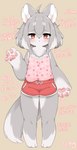 2022 3_toes 4_fingers ahoge anthro barefoot big_hands biped blush bottomwear canid canine canis chest_tuft chisa_(nuk_sun) clothed clothing digital_media_(artwork) eyebrow_through_hair eyebrows feet female female_anthro fingers flat_chested fluffy full-length_portrait fur gesture grey_body grey_fur hair japanese_text kemono looking_at_viewer mammal multicolored_body multicolored_fur multicolored_hair multicolored_tail nuk_sun pawpads paws portrait red_eyes shirt short_hair shorts silver_hair simple_background solo standing tail tank_top text thick_arms thick_calves thick_eyebrows toes topwear translated translucent translucent_hair tuft two_tone_body two_tone_fur two_tone_tail waving waving_at_viewer white_body white_fur white_hair wolf young young_anthro young_female