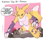 1:1 absurd_res anthro anzu_(anzuviusraccoonus) arm_warmers armwear bandai_namco bodily_fluids breasts canid clothing dialogue digimon digimon_(species) dominant dominant_female duo english_text erection female female_on_top fur genital_fluids genitals gentle_femdom grey_body grey_fur hair hi_res interspecies kapri kinktober lying male male/female mammal nipples nude on_back on_top penis pink_hair pinned pinned_arms pinned_to_ground precum procyonid pussy pussyjob questionable_consent raccoon renamon sex smile speech_bubble text white_body white_fur yellow_body yellow_fur yin_yang