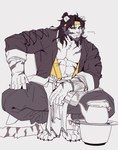 accessory anthro arknights black_hair claws clothing facial_hair felid fur hair headband hi_res huai_tianpei_(arknights) hypergryph male mammal muscular muscular_anthro muscular_male mustache p2yong pantherine solo studio_montagne tiger