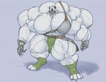 2020 anthro armor armor_gloves big_muscles bottomwear canid canine canis clothing digitigrade fangs footwear fur gloves grin handwear huge_muscles hyper hyper_muscles loincloth male mammal muscular smile socks solo sonicgamer standing teeth white_body white_fur wolf