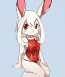 anthro blush clothing female fur kemono lagomorph leporid looking_at_viewer mammal pillarbox rabbit red_eyes simple_background smile solo thong underwear unrealplace white_body white_fur wusagi_(unrealplace) young young_anthro