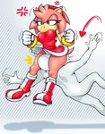 accessory amy_rose angry anonymous anthro big_breasts bodily_fluids boots bracelet breasts clothing cross-popping_vein dress duo english_text eulipotyphlan face_in_crotch facesitting featureless_face female footwear gloves hair_accessory hairband handwear hedgehog hi_res human jewelry male male/female mammal panties sega shoes sitting_on_another sonic_the_hedgehog_(series) sweat text thick_thighs thmii underwear