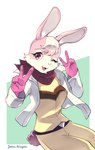 2022 absurd_res anthro belt breasts clothed clothing double_v_sign eyebrows eyelashes female female_anthro fur gesture gloves hand_gesture handwear hi_res inner_ear_fluff kemono kerchief lagomorph leporid long_ears looking_at_viewer lucy_hare mammal namagakiokami nintendo one_eye_closed open_mouth pink_body pink_fur purple_eyes rabbit solo star_fox tuft v_sign wink winking_at_viewer