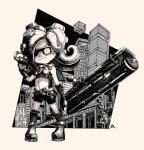 2018 animal_humanoid boots bottomwear carbon_roller cephalopod cephalopod_humanoid clothed clothing eyewear female fingerless_gloves footwear gloves goggles handwear holding_object holding_weapon humanoid looking_at_viewer marine marine_humanoid midriff mollusk mollusk_humanoid monochrome nintendo octarian octoling paint_roller pseudo_hair shoes shorts solo splatoon standing tentacle_hair tentacles weapon yuta_agc