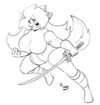 2023 4_fingers action_pose anaugi anthro big_breasts black_and_white boots breasts canid canine canis clothing domestic_dog english_text female fingers fist footwear frown hachimitsu hair hair_over_eye holding_melee_weapon holding_object holding_sword holding_weapon katana leotard long_hair mammal melee_weapon monochrome navel_outline one_eye_obstructed pose running scar scowl shoes signature simple_background sketch solo sword text tight_clothing weapon white_background