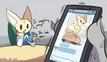 absurd_res aggretsuko anthro breasts canid canine cellphone chat_box clothed clothing dialogue digital_media_(artwork) disembodied_hand duo electronics english_text female fennec_fox fenneko fox hi_res holding_object holding_phone mammal nipples nova_rain nude nude_female patreon patreon_logo phone phone_screen ruined_reputation sanrio simple_background smartphone solo_focus text true_fox