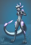 animate_inanimate anthro bound claws encasement female glistening glistening_body glowing glowing_horn glowing_spots horn kobold latex living_clothing living_latex open_mouth simple_background solo spots stirren stirren_(stirren) stone_floor text url