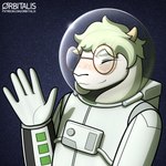 1:1 5_fingers absurd_res anthro armor astronaut bovid caprine eyes_closed eyewear fingers freckles glasses goat green_hair greeting greeting_viewer hair headgear helmet hi_res horn long_ears male mammal orbitalis simple_background solo space star text url