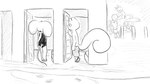 16:9 animal_crossing anthro biped bob_(animal_crossing) bottomwear clothed clothing domestic_cat dragonweirdo duo_focus felid feline felis female fur group hi_res katt_(animal_crossing) male mammal marshal_(animal_crossing) monochrome mouse murid murine nintendo one-piece_swimsuit petri_(animal_crossing) rear_view rodent sciurid swimwear tail topless tree_squirrel widescreen