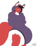 absurd_res anthro big_diaper canid canine clean_diaper clothing diaper extremius_amphibious fox front_view fur hand_in_pocket hi_res hoodie looking_at_viewer male mammal multi_tail onesie pockets red_body red_fur smile solo standing tail topwear