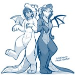 2024 adobe_photoshop_(artwork) animal_costume animal_humanoid anthro blue_and_white blue_monochrome clothed clothing conditional_dnp cosplay costume digital_media_(artwork) dragon dragon_humanoid duo female fursuit greyscale hair hi_res horn horned_humanoid humanoid lady_nora_(twokinds) looking_at_another looking_back looking_back_at_another madam_reni_(twokinds) membrane_(anatomy) membranous_wings monochrome mythological_creature mythological_scalie mythology on_one_leg one_leg_up raised_leg scalie simple_background sketch smile standing tom_fischbach twokinds white_background wings