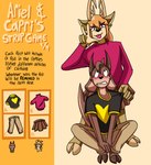 absurd_res anthro antlers ariel_(deerkid) barefoot black_clothing black_nose black_shirt black_t-shirt black_topwear blush bovid brown_body brown_fur capri_(deerkid) caprine clothed clothing deer deerkid duo english_text feet female fully_clothed fur goat hair hi_res hooves horn khaki_pants male male/female mammal open_mouth orange_hair pink_clothing pink_sweater pink_topwear shirt sweater t-shirt tan_body tan_fur teeth_showing text tongue tongue_out topwear