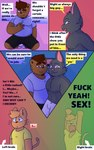 5:8 anthro bear belly bottomwear brown_body brown_fur clothed clothing comic dialogue digital_media_(artwork) domestic_cat ear_piercing english_text facial_hair felid feline felis fur grey_body grey_fur group hair heterochromia hi_res hybrid juno_(sleepywozzy) klenn_(sleepywozzy) looking_at_viewer male male/male mammal matt_(sleepywozzy) mature_anthro mature_male muscular muscular_anthro muscular_male nipples open_mouth orange_body orange_fur overweight overweight_anthro overweight_male pecs piercing red_eyes ring_piercing simple_background sleepywozzy smile text tongue topwear trio