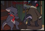 anthro bad_parenting black_body black_fur bodily_fluids child crying dialogue duo english_text ferro_(infinitydoom) fur grey_body grey_fur infinitydoom male mostly_nude red_eyes scarf scarf_only story story_in_description tears text young