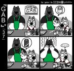 5_fingers akita anthro apron base_two_layout black_border blush border canid canine canis clenched_teeth clothed clothing clumsy comic covering covering_face cute_fangs dialogue domestic_dog duo ellipsis embarrassed english_text eyebrows eyes_closed fingers four_frame_grid four_frame_image front_view fully_clothed gab_(comic) gab_shiba gabshiba gesture grid_layout hand_gesture jacket mammal open_mouth open_smile partially_colored pictographics pointing red_clothing red_topwear regular_grid_layout shiba_inu smile sound_effects spitz standing teeth text topwear two_row_layout voff_akita