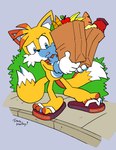 2024 2_tails 3_toes absurd_res anthro apple banana blue_eyes bread canid canine carrot cheese clothing dairy_products feet flip_flops food footwear fox fruit fur gloves handwear hi_res holding_bag holding_shopping_bag male mammal miles_prower multi_tail paws plant sandals sega shoes shrub sidewalk solo sonic_the_hedgehog_(series) tail teeth toes tracy_yardley vegetable white_clothing white_gloves white_handwear yellow_body yellow_fur