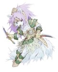 anthro armor bottomwear canid canine clothed clothing digital_media_(artwork) feathers female female_anthro footwear fully_clothed fur gloves hair handwear horn inner_ear_fluff kemono knife kunugi looking_at_viewer mammal mana_(series) pose scabbard sierra_(mana) simple_background skirt smile solo square_enix tuft weapon white_body white_fur young young_anthro young_female