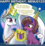 2014 blush dialogue duo english_text equid equine fan_character feathered_wings feathers female feral friendship_is_magic fur green_eyes hair happy_birthday hasbro horn john_joseco magic mammal multicolored_hair my_little_pony mythological_creature mythological_equine mythology pink_eyes princess princess_celestia_(mlp) purple_body purple_fur royalty text tumblr two_tone_hair white_body white_fur winged_unicorn wings