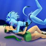 1:1 absurd_res anthro bikini blue_body blue_clothing blue_eyes blue_fur blue_hair blush bottomwear breasts brown_body brown_eyes brown_fur clothing duo ear_piercing ear_ring eeveelution eyeliner female female/female fur generation_4_pokemon glaceon green_body green_clothing green_fur hair hi_res jewelry kiss_on_lips kissing leafeon lisa_devellis lying makeup marissa_reinhart necklace nintendo one-piece_swimsuit pattern_clothing pattern_swimwear piercing pokemon pokemon_(species) ring_piercing scoutthecat02 skirt small_breasts swimming swimwear tail thick_thighs towel towel_wrap two-piece_swimsuit underwater water