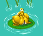 amphibian anthro big_butt breasts butt female flower frog green_eyes hi_res jovi_cap plant solo thick_thighs water water_lily yellow_body