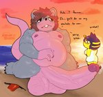 animal_crossing ankha_(animal_crossing) anthro balls beach big_balls big_penis canon_x_oc dialogue duo english_text female genitals hi_res huge_balls huge_penis hyper hyper_balls hyper_genitalia hyper_penis khrunkisillegal larger_male male male/female mammal murid murine musclegut muscular nintendo nipples nude overweight overweight_male penis profanity rat rodent roque_(khrunkisillegal) seaside size_difference text