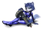 2005 3d_(artwork) absurd_res accessory anthro belt big_weapon blue_body blue_eyes blue_fur blue_hair boots breasts canid canine clothing digital_media_(artwork) female footwear fox fur furgonomics gatling_gun gun hair hi_res high_heeled_boots high_heels jewelry krystal_(star_fox) looking_at_viewer machine_gun mammal minigun nintendo official_art ranged_weapon ring shoes simple_background sitting solo star_fox suggestive tail tail_accessory tail_jewelry tail_ring tight_clothing unitard unknown_artist weapon