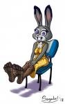 4_toes anthro big_feet brainwashing chair clothing digital_media_(artwork) disney dress feet feet_up female foot_focus fur furniture grey_body grey_fur hi_res hypnosis judy_hopps lagomorph legs_up legwear leporid mammal mind_control nylons pantyhose paws rabbit sagabel simple_background sitting smile solo spiral_eyes stepfordization toes zootopia