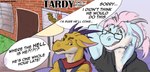 annoyed anthro bodily_fluids clothing comic dialogue dragon duo english_text eugene_(alcitron) eyewear glasses hi_res horn jump_riff_(alcitron) kobold kyain male mythological_creature mythological_scalie mythology nervous nervous_sweat scalie scarf sweat sweater text topwear