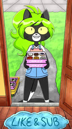 2d_animation accessory animal_humanoid animated anthro barefoot blue_hair blue_rug bone bottomwear bow_ribbon breasts candy cat_humanoid chocolate cinnamon_bun closing_door clothed clothing colored concrete cookie curb danish_pastry dessert detailed detailed_background disembodied_hand domestic_cat door door_handle doormat doughnut feet felid felid_humanoid feline feline_humanoid felis female flo_(rocky_rakoon) floor food frosting gore green_hair hair hair_accessory hair_bow hair_ribbon hi_res holding_blade holding_knife holding_object humanoid knife knocking knocking_on_door lawn looking_at_viewer mammal mammal_humanoid markings meme merchandise messy_fur messy_hair metal music on_one_leg pastry pixelated pixels psychedelic red_sclera ribbons ribs rocky_rakoon shaded soliciting solo sound_effects spine sprinkles standing tan_body tan_skin teeth text toes topwear torn_bottomwear torn_clothing torn_topwear weapon webm whisker_markings white_eyes white_text wide_smile wood wood_door wood_floor