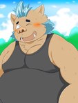 2024 absurd_res anthro belly big_belly blush clothing ganglie_(tas) hi_res kemono lifewonders male mammal moobs one_eye_closed outside overweight overweight_male shirt solo suid suina sus_(pig) tokyo_afterschool_summoners topwear tukiguma761 wild_boar wink