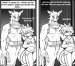 2015 accessory anthro blush bottomwear bow_ribbon breasts bulge clothed clothing comic dragon duo english_text eyes_closed felid female grey_background hair_accessory hair_bow hair_ribbon hi_res horn if_hell_had_a_taste male mammal marci_hetson monochrome muscular muscular_anthro muscular_male mythological_creature mythological_scalie mythology open_mouth pants ribbons scales scalie scar shirt simple_background skylar_fidchell sweatpants tail text topwear towel viroveteruscy