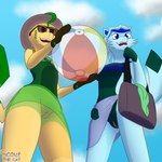 1:1 absurd_res anthro bag ball beach_ball big_breasts bikini bikini_top blue_body blue_clothing blue_eyes blue_fur bottomless bottomwear breasts brown_eyes clitoris clothed clothing duo eeveelution eyewear female fur generation_4_pokemon genitals glaceon green_body green_clothing green_fur hair hat headgear headwear hi_res inflatable leafeon lisa_devellis low-angle_view marissa_reinhart nintendo pattern_clothing plump_labia pokemon pokemon_(species) pussy scoutthecat02 shirt skirt sky_background smile sun_hat sunglasses swimwear tan_body tan_fur tank_top thick_thighs topwear towel towel_wrap two-piece_swimsuit under_boob upskirt