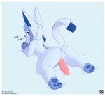 absurd_res alternate_version_at_source animal_genitalia animal_penis anthro anus balls bed blue_anus blue_balls blue_body blue_fur blush border canine_genitalia canine_penis eating eating_food eeveelution erection feral food fur furniture generation_4_pokemon genitals glaceon hi_res knot legs_back looking_back lying male mammal nintendo on_front pawpads penis pink_penis pokemon pokemon_(species) popsicle presenting senz solo sploot tail text url white_border