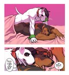 2015 abs anal anal_knotting anal_penetration anthro anthro_on_anthro bed biceps bite black_hair black_nose blush brown_body brown_fur bull_terrier canid canine canis clenched_teeth collar comic defeat_sex dialogue digital_media_(artwork) dirty_talk domestic_dog duo english_text eyes_closed from_behind_position fucked_silly fur furniture hair hi_res hunting_dog knotting looking_pleasured lying male male/male male_penetrated male_penetrating male_penetrating_male mammal mastiff meesh moan molosser muscular muscular_male neck_bite nevarrio nibbling nude obscured_penetration obscured_sex on_bed on_front open_mouth passionate peable pecs penetration prone_bone_position rottweiler secretly_loves_it sex shoulder_bite speed_bump_position tail teeth terrier text thrusting tongue under_covers under_covers_sex white_body white_fur