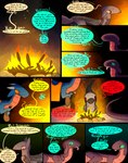 burning campfire comic dinosaur dragon dragonscape drekir dromaeosaurid female feral fire forl_(thepatchedragon) gila_(thepatchedragon) group hi_res hiker_(thepatchedragon) jat_(thepatchedragon) male mythological_creature mythological_scalie mythology night post-apocalyptic prehistoric_species reptile scalie text thepatchedragon theropod tribal