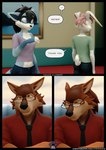 3d_(artwork) anthro black_hair blue_body blue_fur brown_body brown_fur canid canine canis chair clothing comic comic_panel confrontation desk dialogue digital_media_(artwork) dransvitry english_text female fur furniture gesture green_eyes hair hi_res lagomorph lance_(striped_sins) leporid long_ears male mammal meeting necktie nipple_outline office office_chair oliver_(striped_sins) paper pink_hair procyonid purple_eyes rabbit raccoon ryder_(striped_sins) shirt speech_bubble striped_sins t-shirt table teeth text topwear url white_body white_fur willitfit wolf worried yellow_eyes