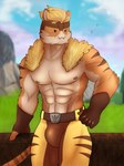 absurd_res anthro bulge colored english_text felid feline hi_res lewd_catto male mammal meowtooth muscular sky solo text