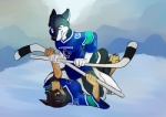 2013 anthro canid canine canis demicoeur digital_media_(artwork) domestic_dog duo female fight fur grey_body grey_fur hayln hockey hockey_stick humanoid_pointy_ears jersey lying mammal nhl on_back outside sharps sky snow sport straddling vancouver_canucks wolf