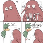 anthro avian bird blush bodily_fluids comic dialogue don't_hug_me_i'm_scared duck_guy_(dhmis) duo erection genitals hi_res humanoid male male/male morgan_(dhmis) penis penis_creature penis_eye red_guy_(dhmis) speech_bubble sweat unusual_anatomy unusual_eye_placement unusual_genitalia unusual_penis wakey_wakey_pilot walk-in werdopon