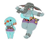 anthro belt big_breasts blue_body bottomwear breasts brown_eyes clothing donphan duo female generation_2_pokemon grey_body hi_res horn huge_breasts nintendo phanpy pokeball pokemon pokemon_(species) proboscis_(anatomy) shirt shorts simple_background star topwear trunk_(anatomy) urusee584 white_background