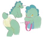 abdl ageplay anthro blush bodily_fluids clothed clothing diaper dinosaur genital_fluids green_body green_tail grumpy hardscales infantilism male mouth_closed narrowed_eyes object_in_mouth pacifier pacifier_in_mouth prehistoric_species reptile roleplay scalie solo standing tail topless unclean_diaper urine used_diaper wearing_diaper wet_diaper wetting white_diaper yellow_eyes