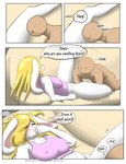 anthro blonde_hair blush bottomless breasts clothed clothing comic crotch_sniffing dialogue duo ellipsis english_text female furniture hair human ilica incest_(lore) lagomorph leporid male male/female mammal nipple_outline rabbit red_eyes sniffing sofa spread_legs spreading text tosun