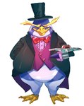 accessory anthro avian beak bird bow_tie clothing duel_disk duel_monster featureless_crotch feet grech4 hat headgear headwear hi_res jacket male membrane_(anatomy) nightmare_penguin penguin smile solo suit toes top_hat topwear vest webbed_feet yu-gi-oh!