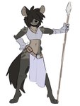 2022 :< absurd_res ade_(capaoculta) anthro armor black_hair black_nose bottomwear capaoculta clothed clothing crop_top digitigrade femboy fur gauntlets gloves grey_body grey_fur hair hair_over_eyes hand_on_hip handwear hi_res holding_melee_weapon holding_object holding_polearm holding_spear holding_weapon hyena loincloth male mammal markings melee_weapon midriff oversized_clothing polearm shirt simple_background solo spear spots spotted_body spotted_fur topwear weapon white_background